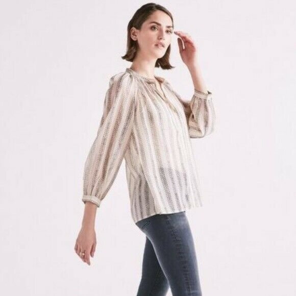 EUC Plus Size Lucky Brand Sheer Button Front Geo Stripe Poet Blouse – Size 1X - Picture 1 of 14